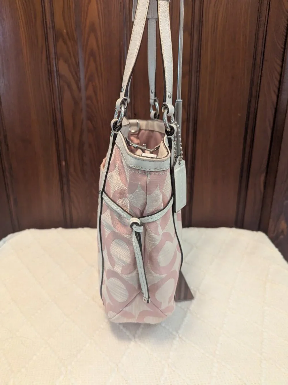 Coach Audrey Op Art Shantung Signature Pink & White Tote Crossbody 19572